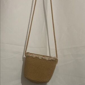 Tan Woven Crossbody Bag with Lace Trim